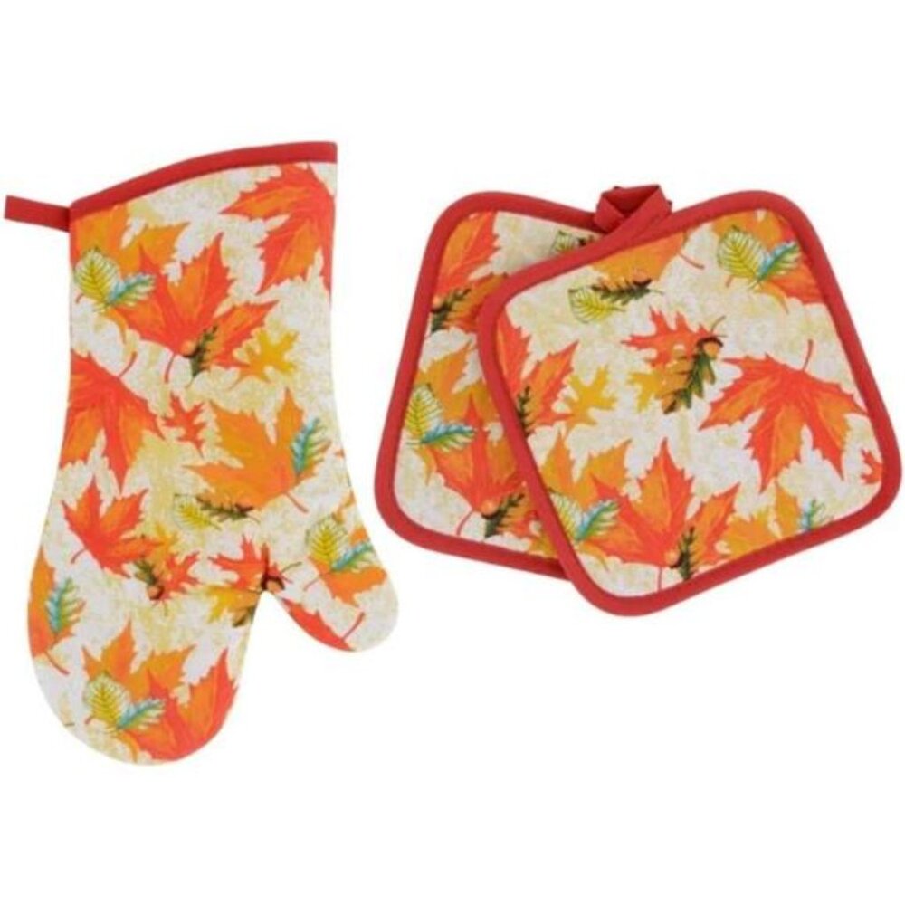 Combined Fall Kitchen Pot Holder and‎ Mitt - Autumn Oven Mitt and Pot Holder Set